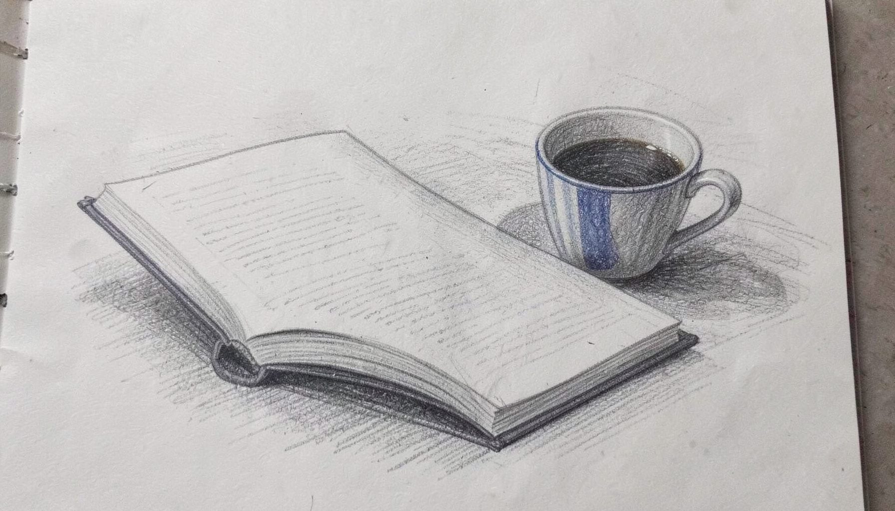 Graphite pencil sketch of an open journal beside a coffee cup, with soft cross-hatched shadows and a quiet, contemplative mood in muted grays