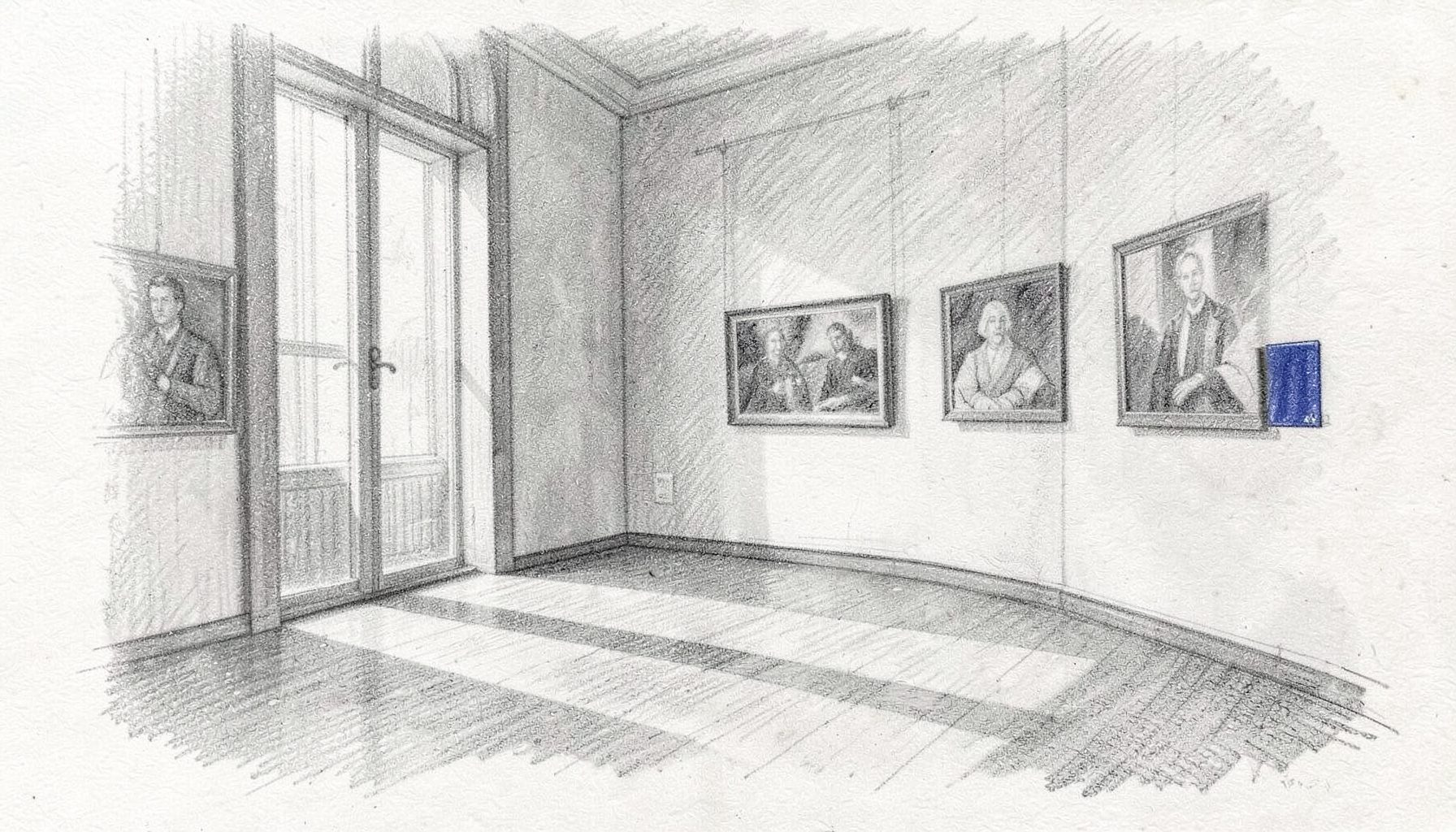 Graphite pencil sketch of a quiet gallery interior with tall windows, a few framed artworks on the walls, and soft shadows stretching across the floor.