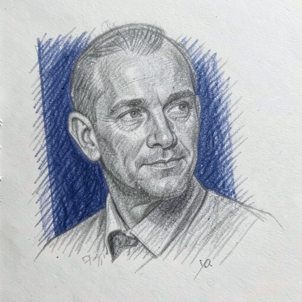 Graphite-style sketch rendering of an art critique scene with soft grey tones and a contemplative mood