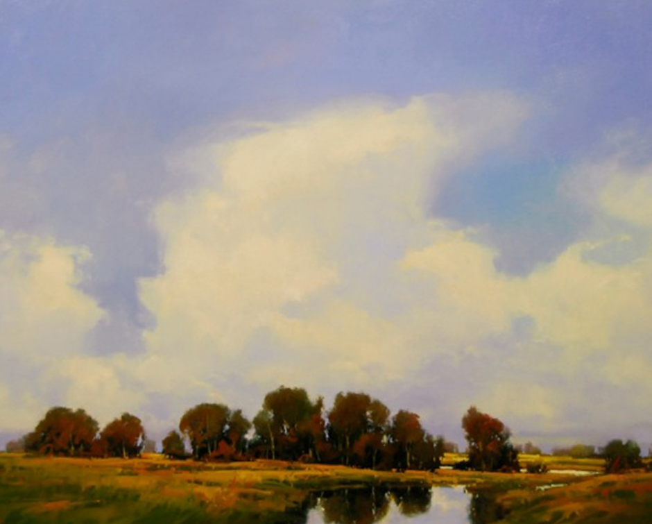 Wide sky with billowing clouds above a line of trees and a small pond, rendered in soft blues, greens, and earthy tones